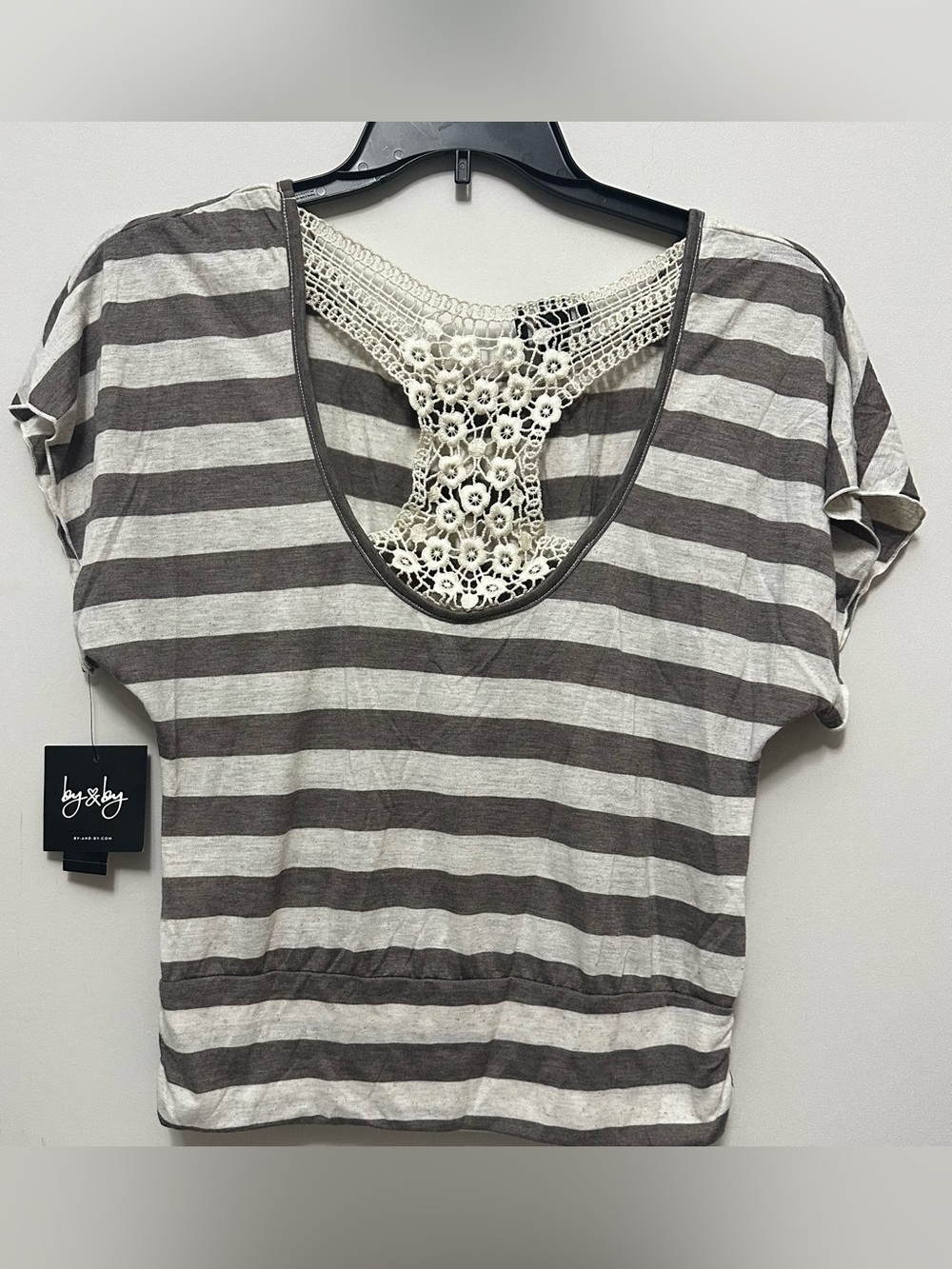 Byer Urban Jungle Striped Banded Blouse Crochet Detail Cut Out Back
